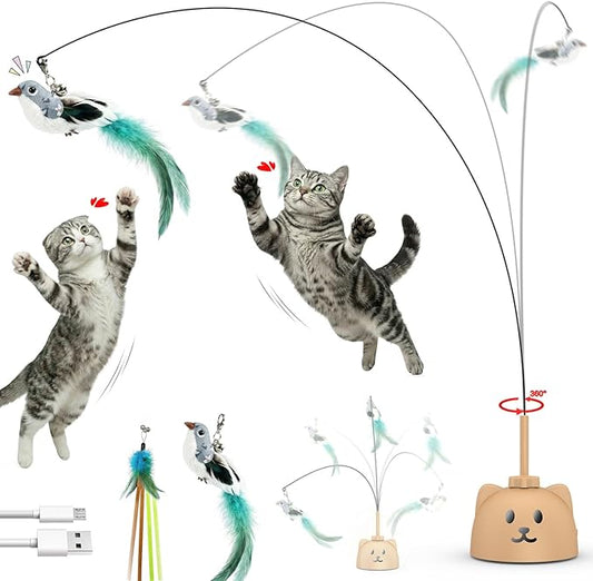Interactive Cat Toys for Indoor Cats: Upgraded 360° Automatic Spin Flying Bird Feather Wand with Silicone Protected Rod Safe Play, Strong 8cm Suction Cup, USB-Rechargeable for Bored Kittens and Adult