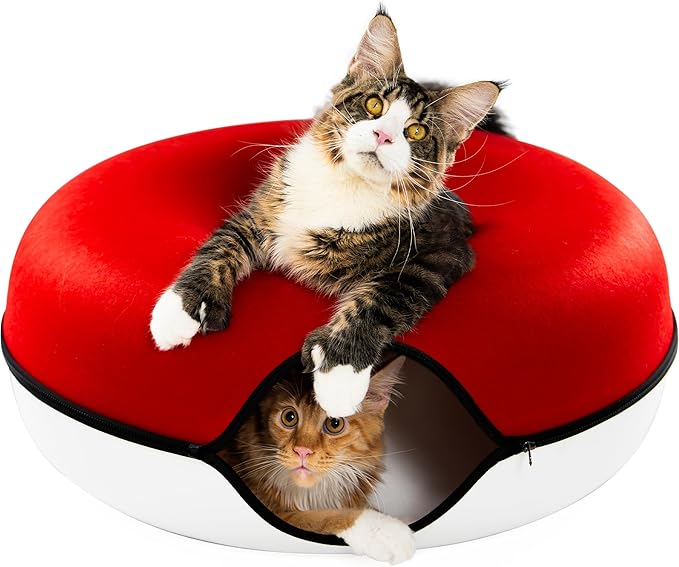 Cattasaurus Peekaboo Cat Cave, Extra Spacious for Multiple & Large Cats 12+ lbs, Scratch Detachable Cat Beds for Indoor Cats, Washable Tunnel Bed, Comfy Donut Tunnel (Ruby Snowball, Jumbo)