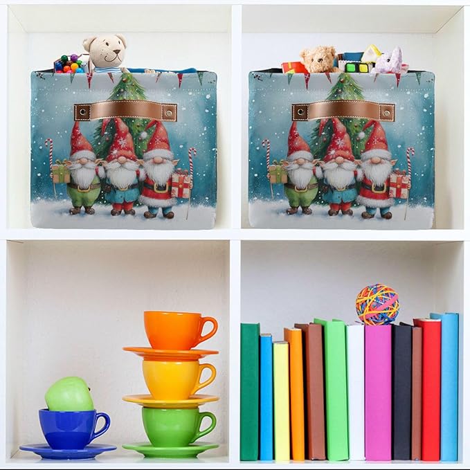 Large Storage Basket Christmas Gnomes Storage Bin Cube Canvas Fabric Organizer Handles Collapsible for Clothes Toys Bedroom Decorative