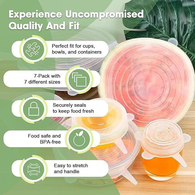 Reusable Silicone Stretch Lids for Food Storage – Elastic Bowl Covers Fit Round & Rectangle Containers, Jars, Cups – Heat-Resistant, Dishwasher Safe, Premium Kitchen Gadgets (7-Piece Set)