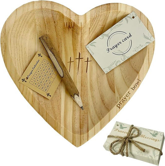 Heart Prayer Bowl with 30 Cards, Meaningful Gift, Wooden Bowl with Cross, Christian Decor, Religious Gift for Women, Mom, Dad, Daughter, or Husband, Perfect for Christmas and Holidays