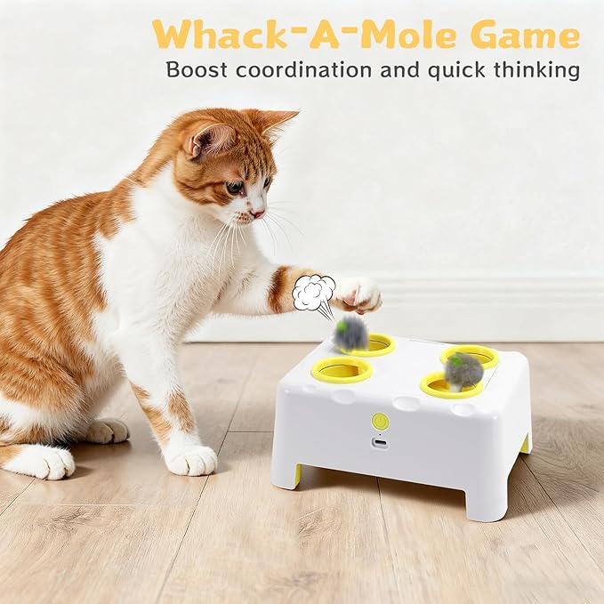 Interactive Cat Toy for Indoor Cats, 3 Modes Feathers Toy, Rechargeable 4 Holes Mole Cat Toys, Cheese Box for Kitten, 4 Accessories (White)