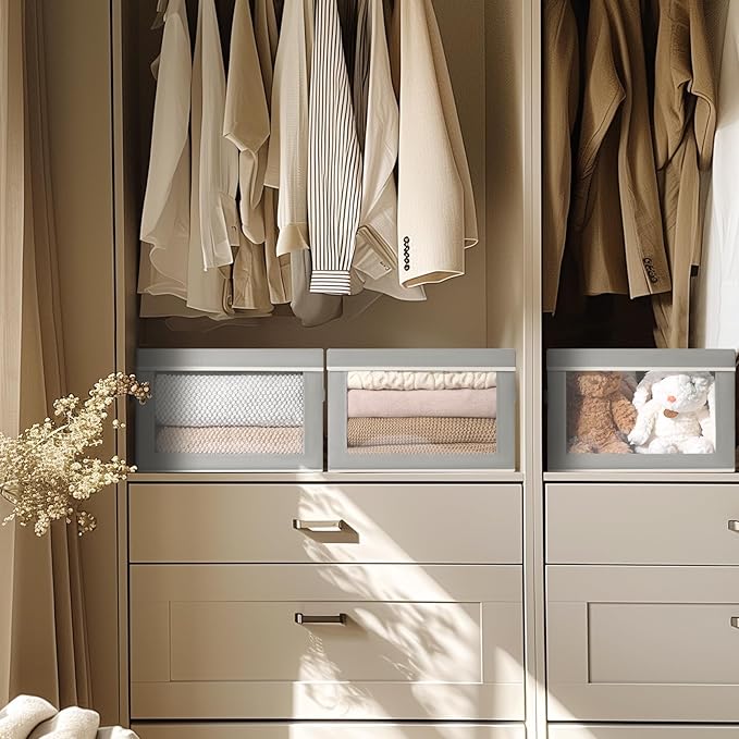 Decorative Bins with Lids - Stackable Cube Bins for Closet, 5 Pack Clear Windows Fabric Organizer Bins, Home Organizers and Storage for Clothes, CD, Towels, Grey