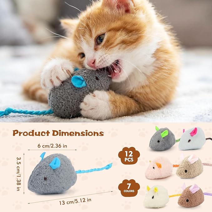 WRW 12PCS 2.36 Inch Cat Mouse Toys, Prefilled Catnip Plush Cat Mice Toys, Realistic Design Interactive Catnip Toys for Indoor Cats Play Fetch（7 Colors）