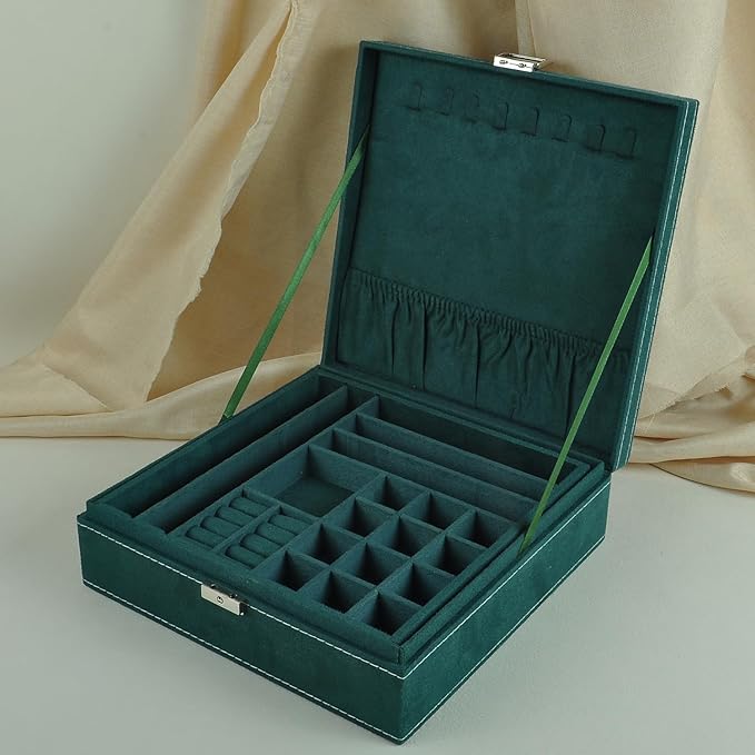 Jewelry Boxes 10 x 10 Inches 2-layer Handle Necklace Holder Organizer Jewellery Women Rings Storage Display Girls Earrings Case Lockable Jewelry Tray GY641 (Green)