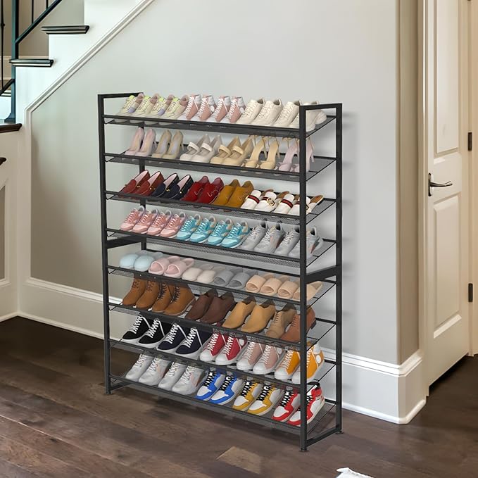 Large Shoe Rack 8 Tier Shoe Organizer, Heavy Duty Metal 4-Tier Stackable Shoe Storage Vertical Shoe Rack for Closet Front Door Entrance, Up to 50 Pairs, 44.8" W x 11.4" D x 56.7" H, Black