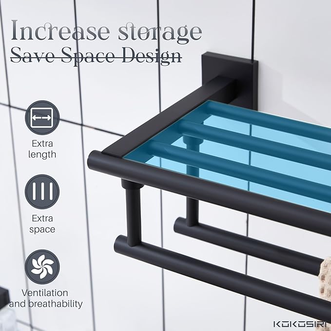 KOKOSIRI Bath Towel Rack with Double Towel Bars 32-Inch Bathroom Towel Shelves Towel Holder Wall Mounted Stainless Steel, Matte Black, B6005BK-L32