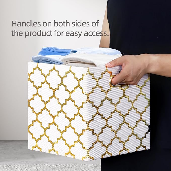 11x11x11 Cube Storage Bins, Collapsible Storage Bins Fabric Storage Cubes Organizer Baskets Box Drawers for Shelves, Closet, Wardrobe, Bookshelf, Cabinet, 3 Pack, White & Gold
