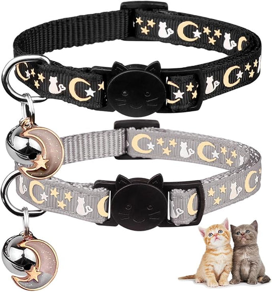 Baeuppit 2PCS Breakaway Cat Collars with Bell Cute Kitty Glow in The Dark Adjustable Kitten Collars(Grey&Black)