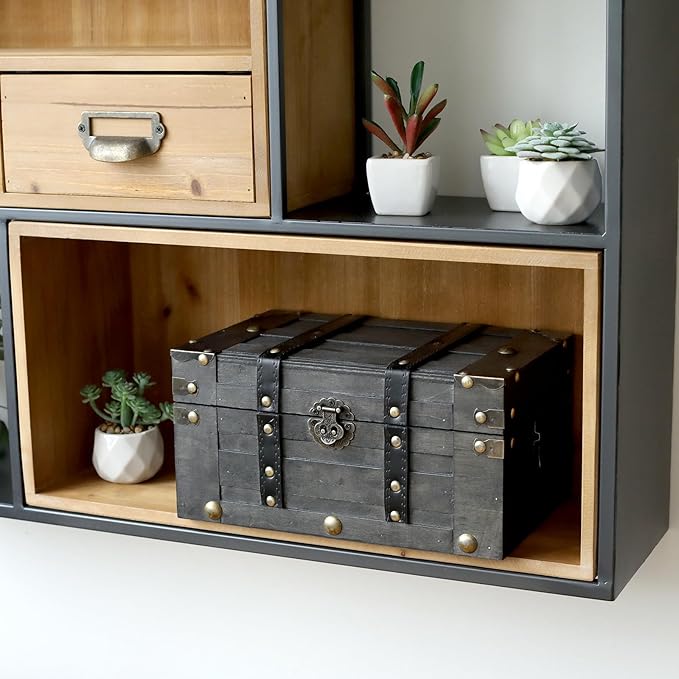 Vintage Wooden Treasure Chest (11" x 7.1" x 5.5") - Decorative Pirate Box with Sturdy Hinged Lid - Antique Style Storage Trunk for Classroom, Keepsakes, & Party Props, Black