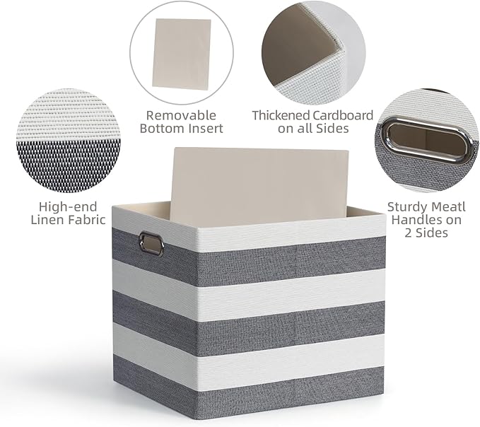 13x15x13 Storage Cube Bins, Foldable Storage Cubes, Fabric Organizer Basket Bin, Striped Containers Decorative Storage Boxes for Shelves Wardrobe Closet Home Office, 4 Pack, Black/White