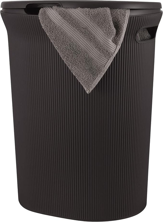 Superio Ribbed Collection - Decorative Plastic Laundry Hamper with Lid and Cut-Out Handles, Brown (1 Pack) Basket Organzier for Bedroom Bathroom College Dorm Room 40 Liter