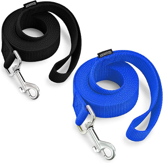 AMAGOOD 6 FT Puppy/Dog Leash, Strong and Durable Traditional Style Leash with Easy to Use Collar Hook, Great for Small, Medium and Large Dogs (1" x 6 ft, Black and Blue (2-Pack))