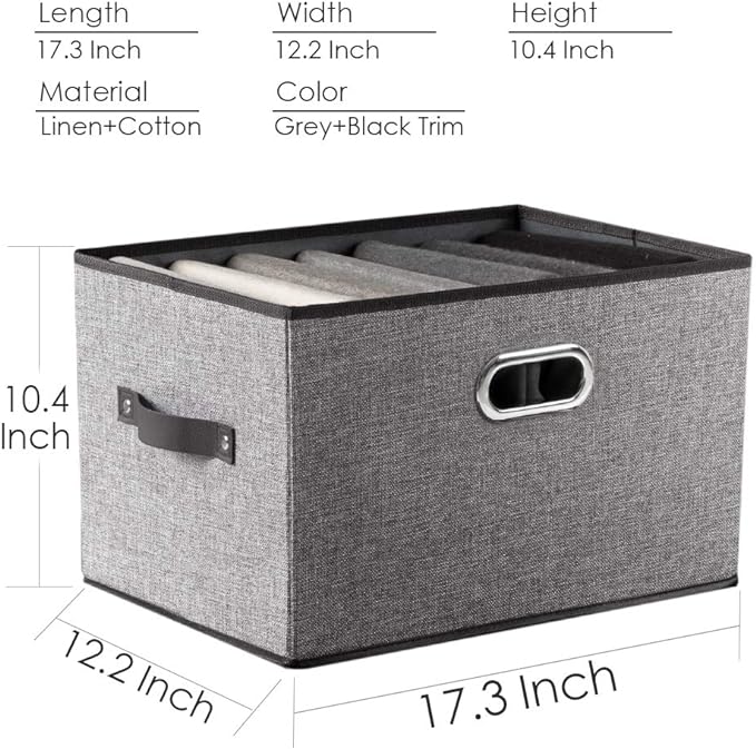 PRANDOM Larger Collapsible Storage Bins for Closet [5-pack] Decorative Linen Fabric Storage Baskets Cubes with Leather/Metal Handles for Living Room Grey (17.3x12.2x10.4 Inch)