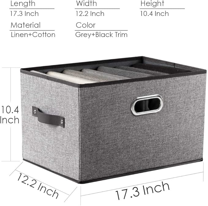 PRANDOM Larger Collapsible Storage Bins for Closet [3-pack] Decorative Linen Fabric Storage Baskets Cubes with Leather/Metal Handles for Living Room Cloth Grey and Black Trim (17.3x12.2x10.4 Inch)