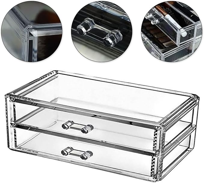 Makeup Organizer 2 Drawer Transparent Acrylic Makeup Storage Box Desk Jewelry & Clear Cosmetic Organizer Vanity Storage Display Box Dustproof Drawer Storage for Make Up, Jewelry, Pen