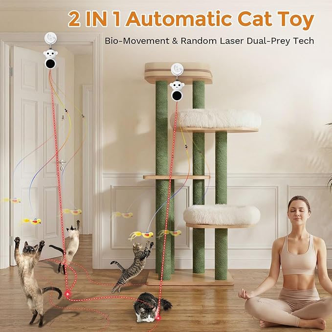 Interactive Cat Toys for Indoor Cats - 2 in 1 Automatic Laser Pointer Cat Toy with Feather Flying Bird，Smart Moving Mouse Wand Toy, Auto On/Off Hanging Toys for Bored Kitten & Adult Cats(Grey)