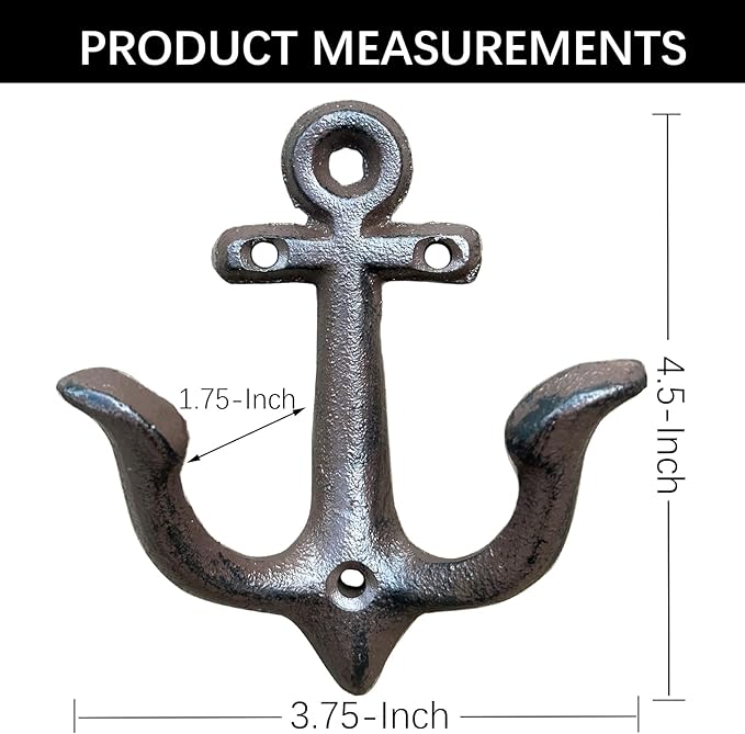 KiaoTime (Rusty Brown Vintage Rustic Cast Iron Nautical Anchor Design Wall Hook Coat Hook Rack, Decorative Wall Mounted Antique Shabby Chic Metal Home Bath Room Towel Coat Hook Hanger