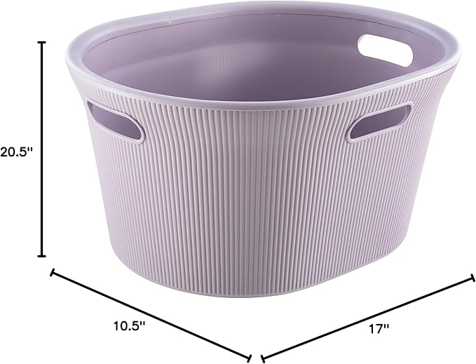 Superio Ribbed Collection - Decorative Plastic Laundry Basket & Laundry Hamper with Lid and Cut-Out Handles, Lilac (Set of 2) Organzier for Bedroom Bathroom College Dorm Room