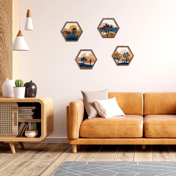 HPNIUB 4 Pcs Boho Mountains Scenery Wall Art Decor, Farmhouse Abstract Sunrise Trees Desert Cactus Hanging Wood Sign for Living Room, Aesthetic Bohemian Botanical Wooden Plaque for Apartment Bedroom(11''x9.8'')