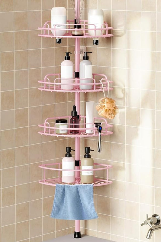 HAMITOR Corner Shower Caddy Tension Pole: 4-Tier Rust-Resistant Adjustable Bathroom Organizer Shelves - 47-121 Inch No-Drill Quick Installation - Space-Saving Storage for Renters Family - Pink