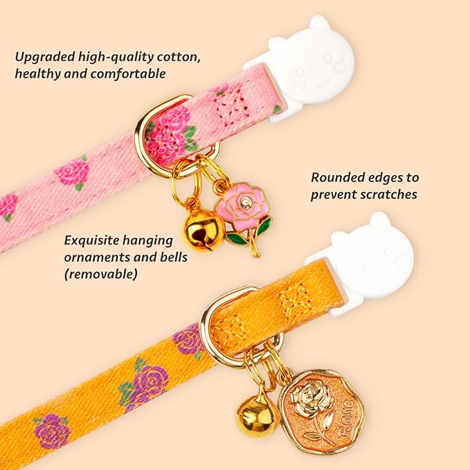 2 Pack Cotton Breakaway Cat Collar Yellow and Pink Rose Pendant Cute Kitten Cat Collar with Bell