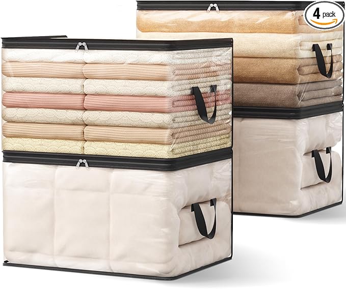 Lifewit 90L Large Clear Clothes Storage Bags, 4 Pack Plastic Comfort Blanket Storage, Vinyl Foldable Moving Bags with Zipper and Reinforced Handles, Closet Organizers Containers for Bedding, Duvet
