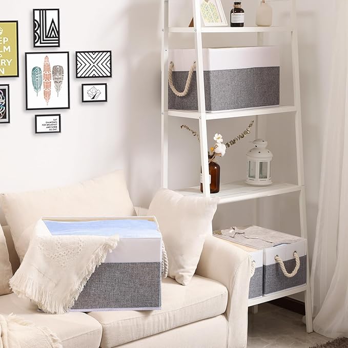 Yawinhe Foldable Storage Basket 5-Pack, Large Fabric Bins with Rope Handle, Used for Organizing Shelves, Closets, Clothes, 12.99''Lx9.05''Wx7.87''H, White/Grey