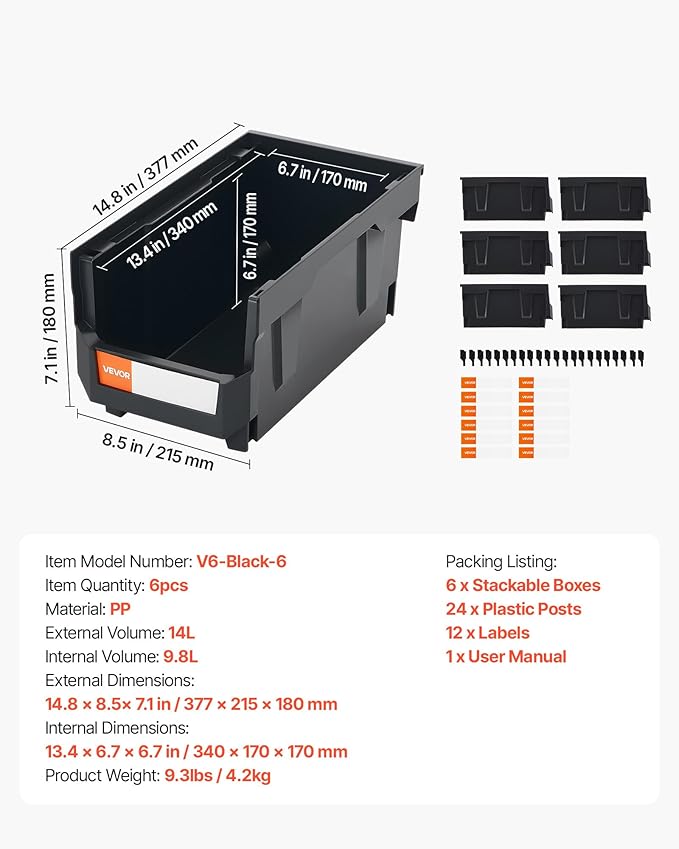 VEVOR Plastic Stackable Storage Bins, 14.8 x 8.5 x 7.1 inch (6 Pack), Plastic Containers for Organizing and Storage Bins for Closet, Garage, Small Parts, Office Supplies and Other Accessories, Black
