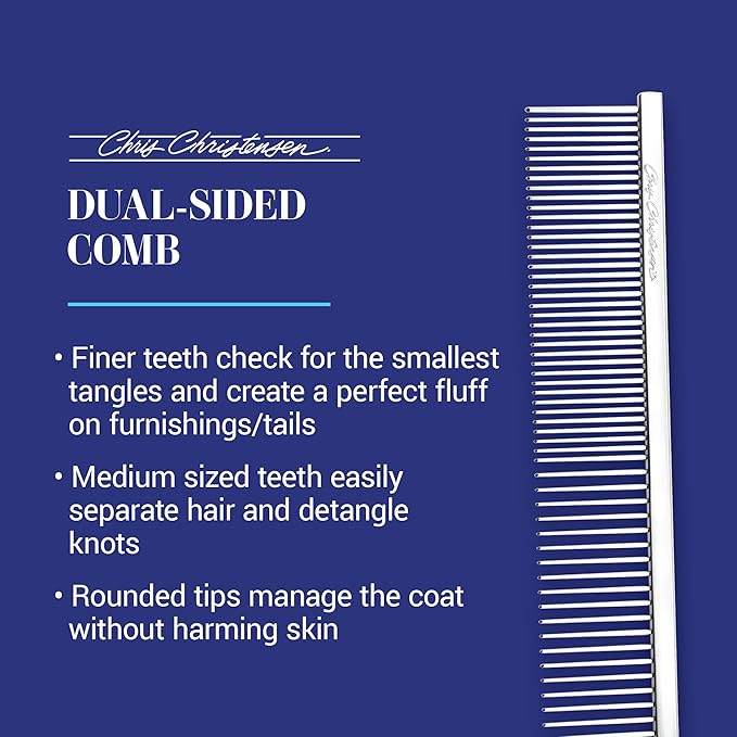 Chris Christensen 000 7.5 in. Greyhound Style Fine/Coarse Colored Butter Comb, Groom Like a Professional, Rounded Corners Prevent Friction and Breakage, Solid Brass with Steel Teeth, Chrome Finish