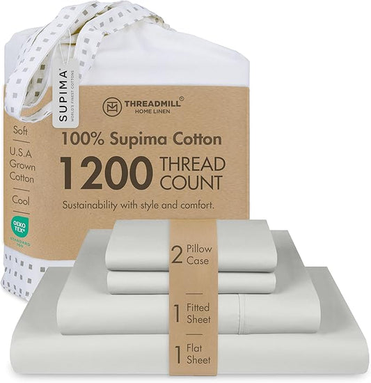 Threadmill Supima Cotton Sheets, 1200 Thread Count Soft 100% Cotton Sheets for Cal King Size Bed, 4 Pc Light Grey Cal King Bed Sheet Set, 5-Star Hotel Quality with Elasticized Deep Pocket King Sheet