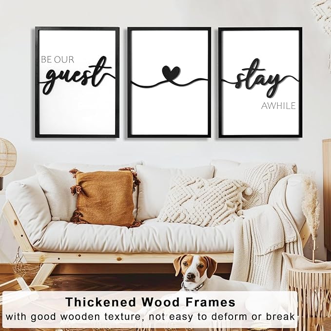 3D Wood Be Our Guest Wall Art, Black and White Be Our Guest Wall Decor Sign, Framed Guest Room Wall Decor(Ready to Hang, 12x16 inches, Set of 3, Framed)
