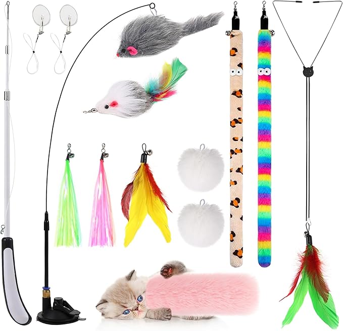 4-in-1 Interactive Cat Feather Toys with Durable Retractable Fishing Pole, 11 Attachments Replacements and Interactive Cat Toys for Indoor Cats