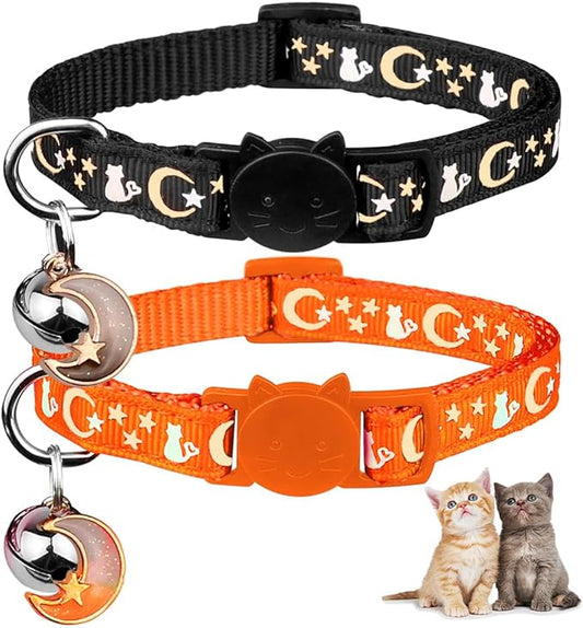 Baeuppit 2PCS Breakaway Cat Collars with Bell Cute Kitty Glow in The Dark Adjustable Kitten Collars(Orange&Black)