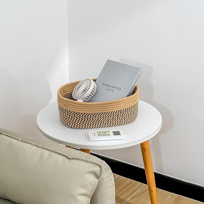 CubesLand Small Baskets, Storage Baskets for Organizing Shelves, Rectangular Woven Storage Baskets Natural Cotton Rope Toy Storage Bins Closet Baby Baskets Empty Gifts Baskets Camel/Mixed Black