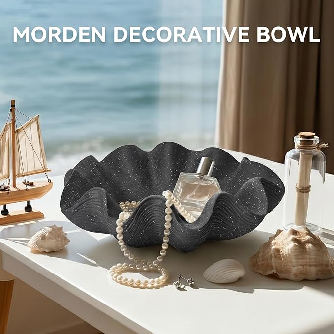 Large Decorative Bowl Home Decor - 12.6" Modern Resin Scalloped Ruffle Decorative Fruit Bowl for Kitchen Counter, Chic Key Tray for Entryway Table, Starry Black