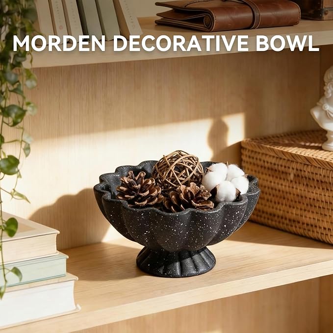 Pedestal Decorative Bowl Home Decor - Morden Resin Handmade Decorative Fruit Bowl for Kitchen Counter, Chic Ruffle Bowl Centerpiece Decor for Dining Table Coffee Table (Starry Black