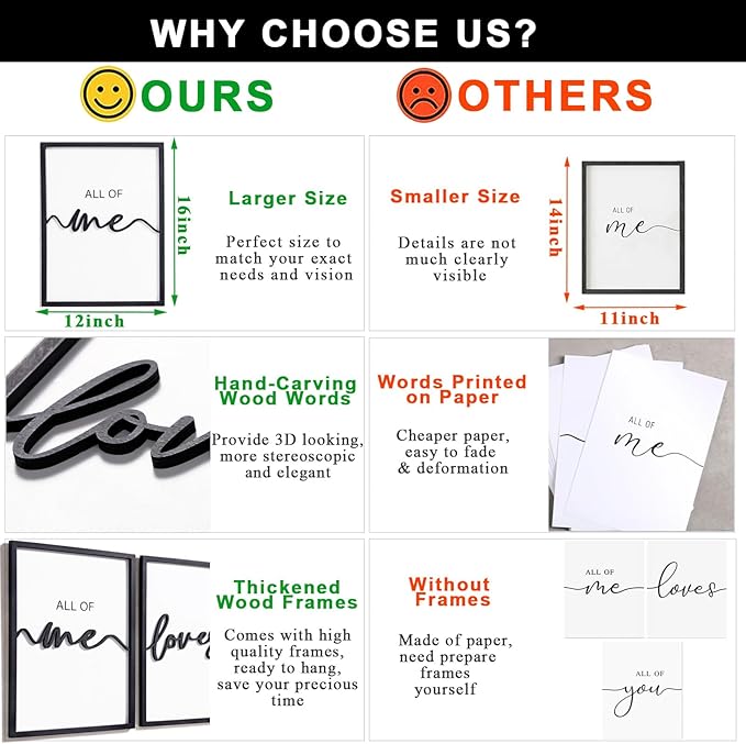 3D Wood All of Me Loves All of You Sign Bedroom Wall Decor 36x16”, Above Bed Wall Decor for Couple Bedroom Decor(12x16 inches, Set of 3, Framed)