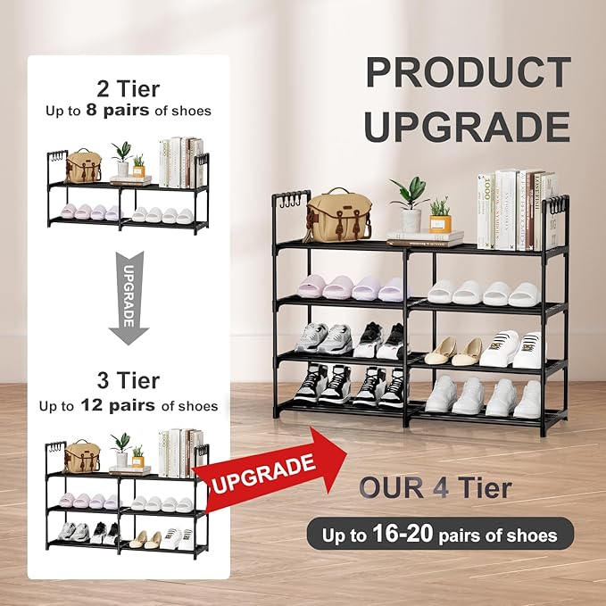 2 Rows 4 Tier Shoe Rack, Black Metal Stackable Shoe Shelf with Multifunctional Hooks, Hold 16-20 Pairs, Space Saving Shoe Organizer for Closet, Bedroom