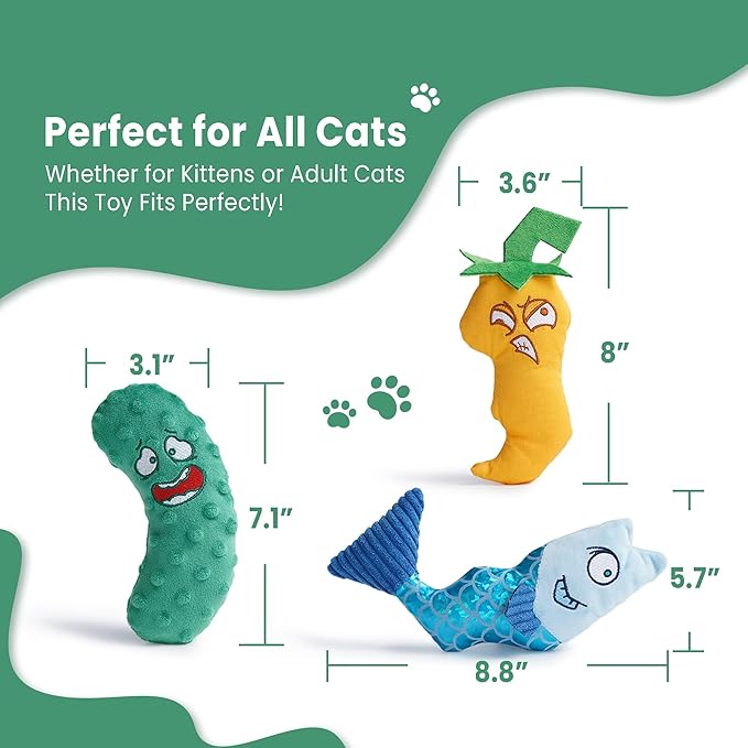 Catnip Toys Set of 3 – Fish, Chili Pepper and Cucumber Plush Cat Toys for Indoor Cats, Natural Catnip Filled Interactive Chew and Teething Toys for Kittens