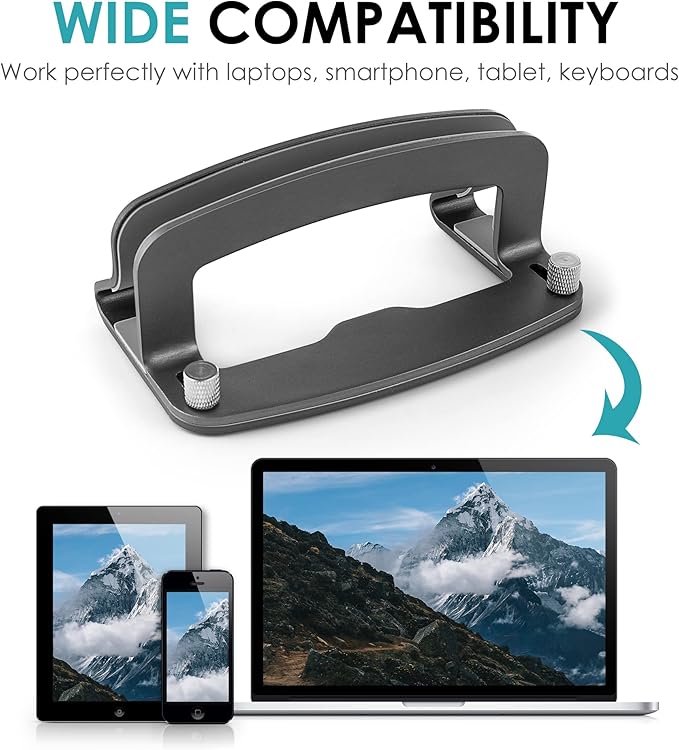 Aluminum Vertical Laptop Stand, MacBook Pro Laptop Vertical Stand Dock Holder with Adjustable Slot Fits All Laptops Notebook Tablets MacBook Air- Save Space & Improve Airflow, Grey