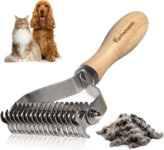 Undercoat Rake for Dogs - Professional Pet Shedding Dematting Comb with Wood Handle, Stainless Steel Blades for Pet Cats Dogs Matted Hair Tangles Removing
