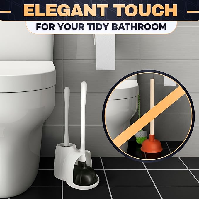 2-in-1 White Toilet Brush and Plunger Set with Holder – Compact Bathroom Cleaning Combo, Strong Rubber Plunger & Stiff Bristle Brush, Space-Saving Stand, Fits Most Standard Toilets, 9.3×6.3×15.2 inch