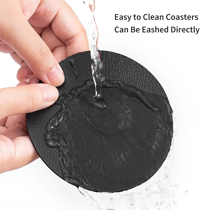 Drink Coasters With Holder - Faux Leather Set of 12, Dual Sided for Coffee Tabletop Protection, Non-Slip Washable Cups (Black Red)