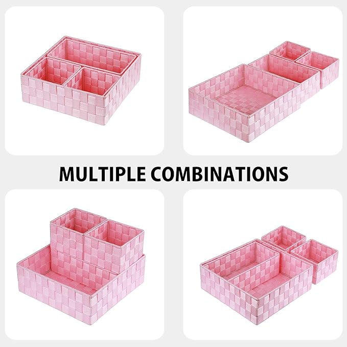 Posprica Woven Storage Baskets for Organizing, Small Baskets Cube Bin Container Tote Organizer Divider for Drawer, Closet, Shelf, Dresser, Set of 4(Pink)