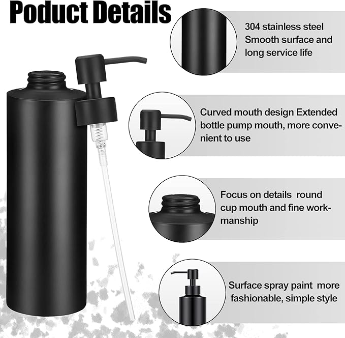Cunhill 2 Pieces Black Hand Soap Dispenser Bathroom 12 oz Matte Black Hand Soap Dispensers with Stainless Steel Pump Refillable Modern Liquid Bottle for Kitchen Bathroom