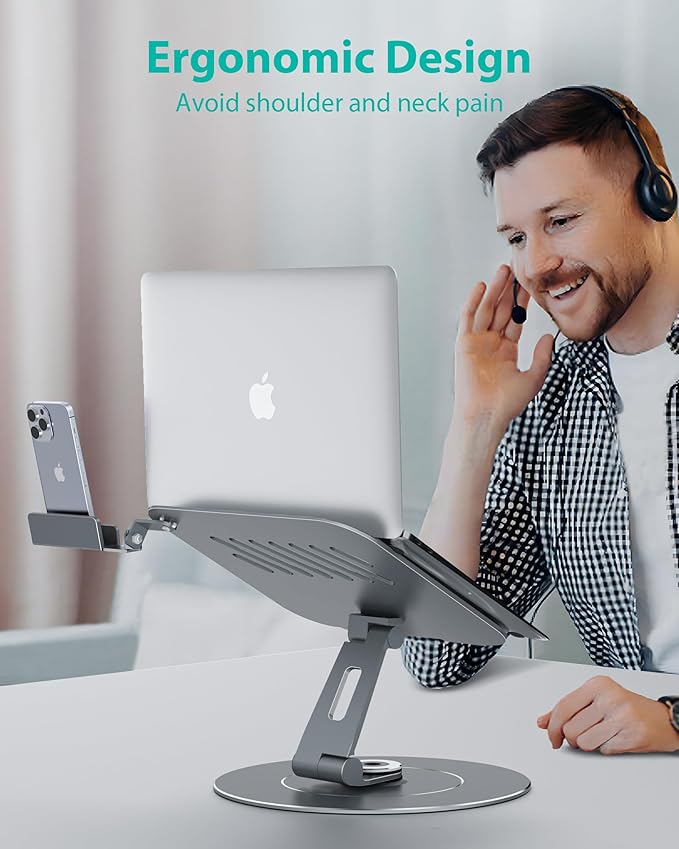 Adjustable Laptop Riser, 360 Rotating Stand with Phone Holder, Foldable for Desk, Ergonomic for MacBook & All Notebooks up to 17.3 inches - Grey