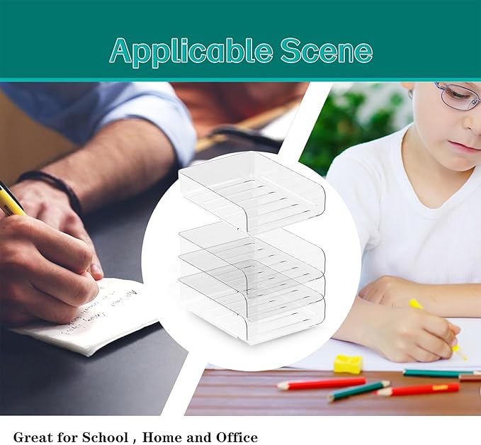 (4pcs Pack) HKeeper Stackable Paper Trays,Letter Tray Organizer,Office Desktop Organizer,A4 Paper Holder,Supplies Magazine,File Documents,Receipts(Clear,Regular)