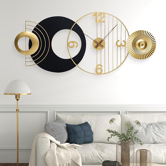 39x19 Inch Modern Abstract Wall Clock Silent Non-Ticking Battery Operated, Decorative Analog Clock, Oversized Art for Living Room, Bedroom, Entryway, Office & Home Decor
