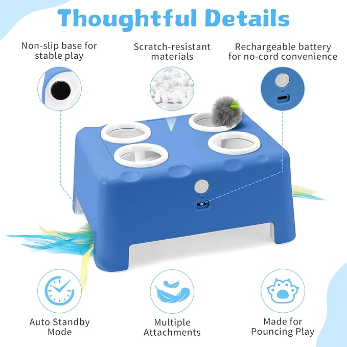 Interactive Cat Toy for Indoor Cats, 3 Modes Feathers Toy, Rechargeable 4 Holes Mole Cat Toys, Cheese Box for Kitten, 6 Accessories (Blue)